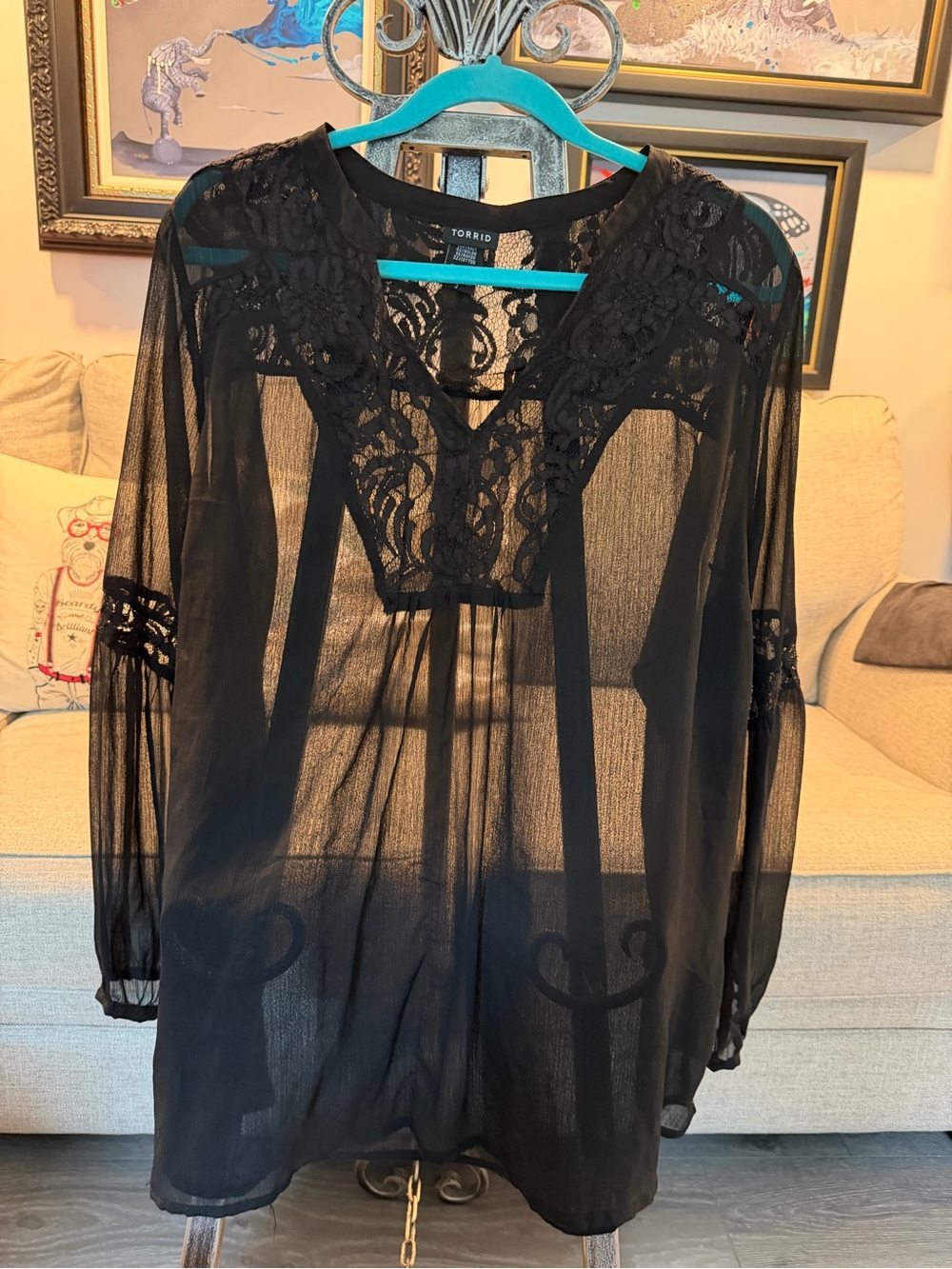 Torrid Black Sheer Lace Peasant Blouse